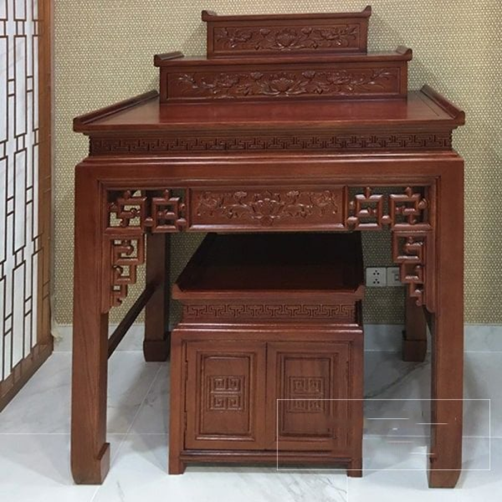 Bàn thờ gỗ gõ đỏ 3 tầng hoa sen