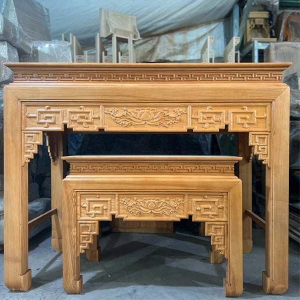 Bàn thờ gỗ sồi hoa sen kèm ghế đôn BT3