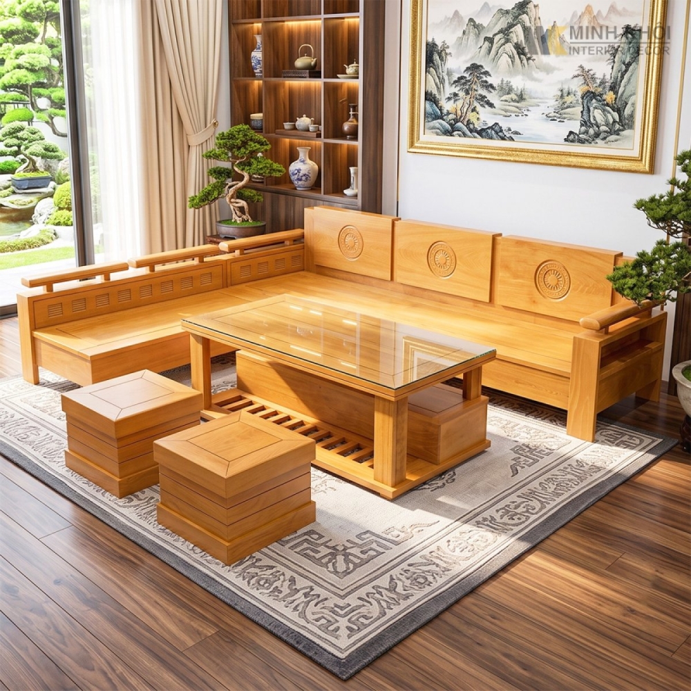 SALON GÓC SỒI TAY TRỨNG 5 MÓN MÀU TỰ NHIÊN