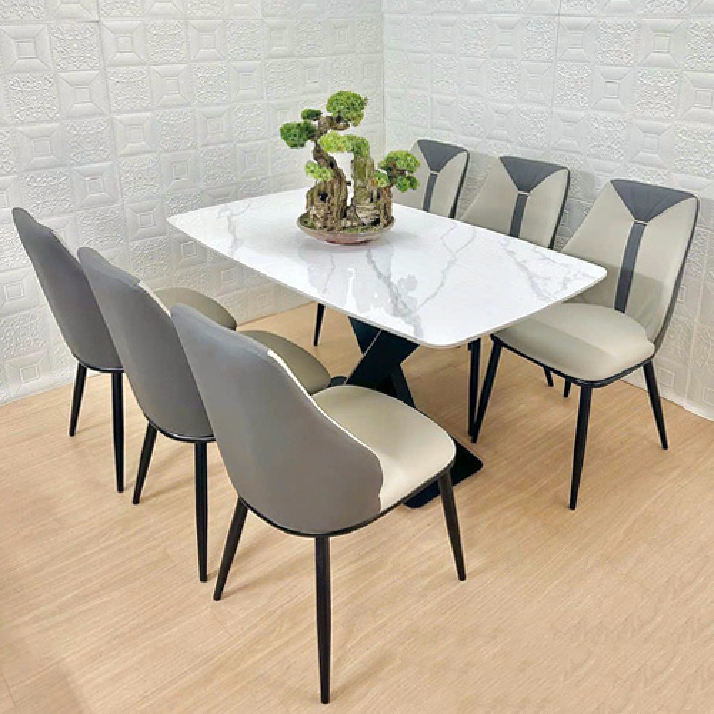 Bộ bàn ăn mặt đá 6 ghế bọc da- Mã: T179-16-6×2512