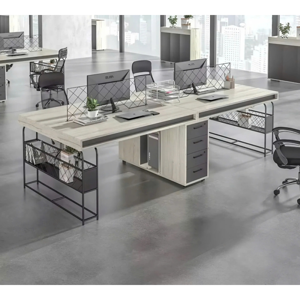 Cụm Bàn Làm Việc 4 Nhân Viên Có Hộc Tủ Và Kệ Sắt Tiện Lợi – BC70