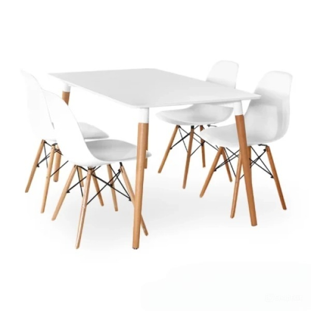 Bộ bàn ăn, cafe cho 4 người gồm bàn T108 0.8×1.2×0.75m và 4 ghế eames nhựa chân gỗ 207