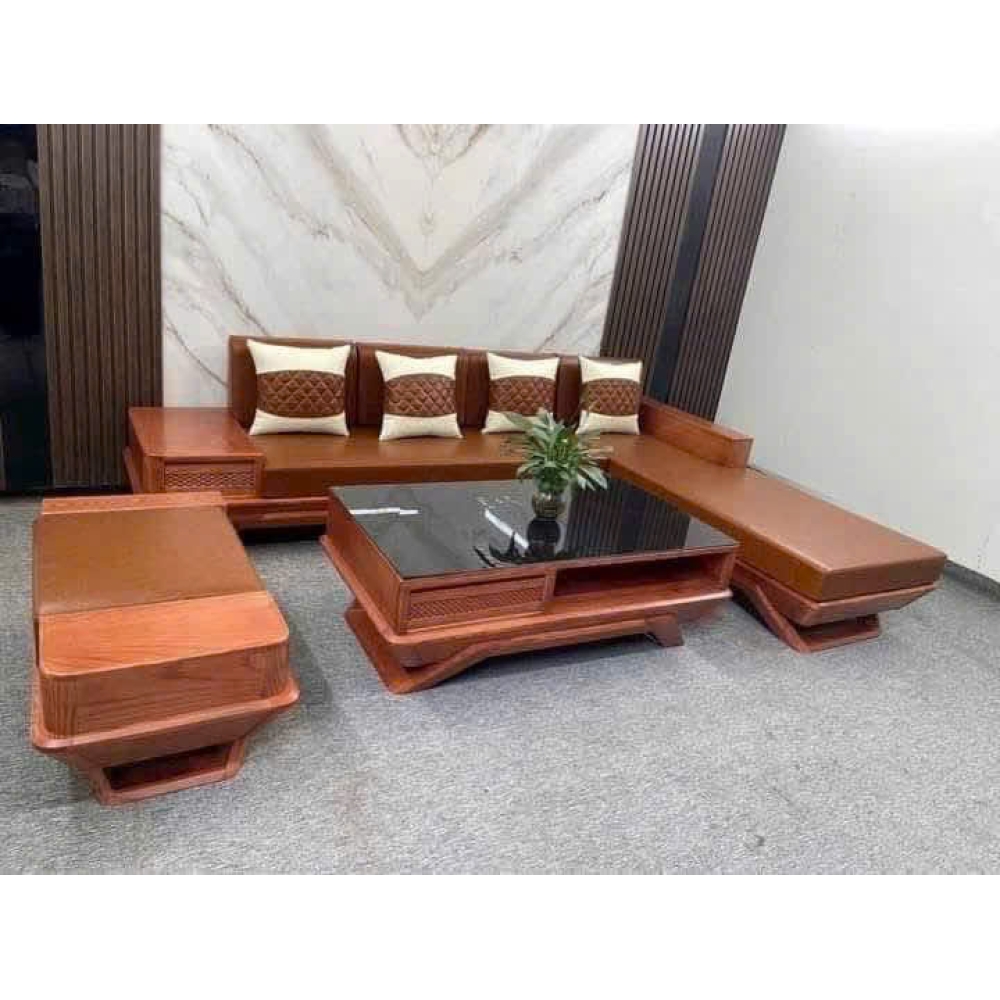 Sofa chân quỳ gỗ sồi 2 văng góc chữ L HS-02