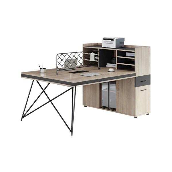 Cụm Bàn Làm Việc 2 Chỗ Chân Sắt Chéo Có Tủ Phụ Và Kệ Lưu Trữ – BC73