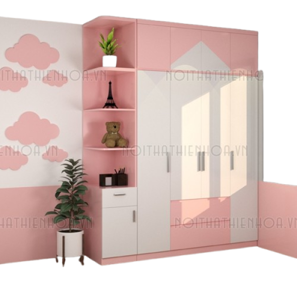 Tủ áo có kệ trang trí màu hồng phòng con gái TA49