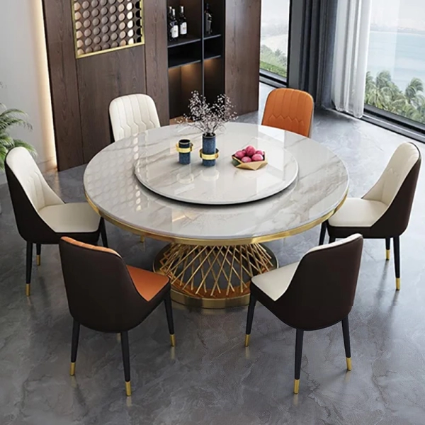Bộ bàn ăn tròn 6 ghế mặt đá xoay- Mã: T1113-6x284E