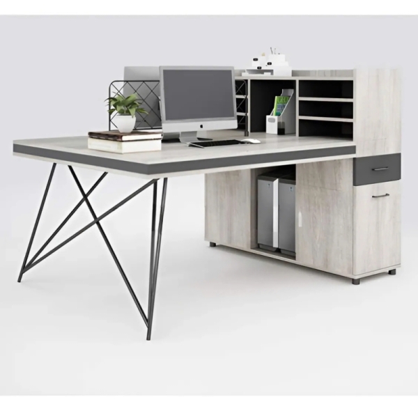 Cụm Bàn Làm Việc 2 Chỗ Chân Sắt Chéo Có Tủ Phụ Và Kệ Lưu Trữ – BC73