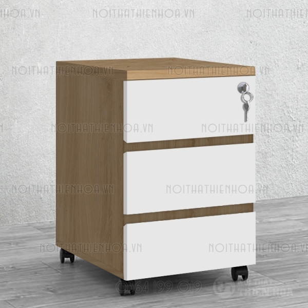 Hộc tủ nhỏ có bánh xe vân gỗ phối trắng tay vát