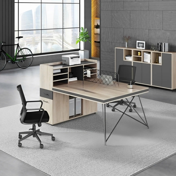 Cụm Bàn Làm Việc 2 Chỗ Chân Sắt Chéo Có Tủ Phụ Và Kệ Lưu Trữ – BC73