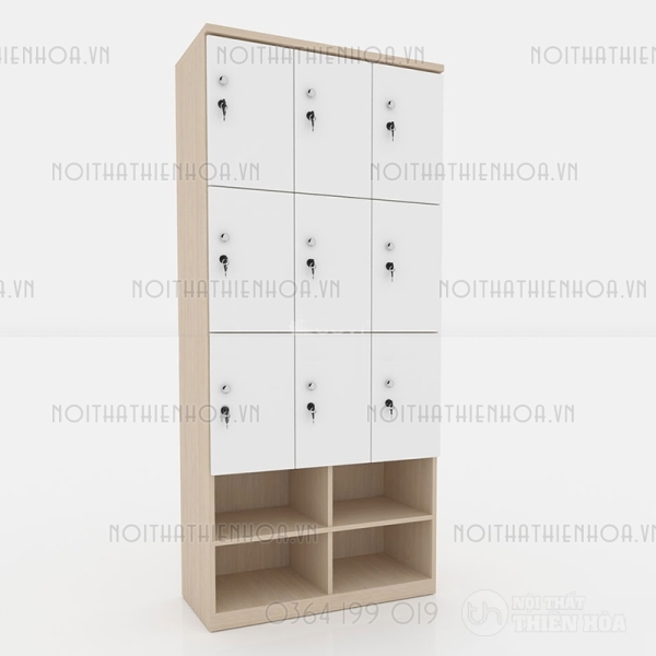 Tủ locker gỗ 9 cánh 3 khoang LKG9C3K-T-Kệ giày