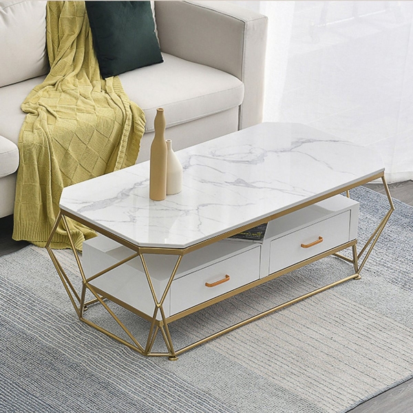 Bàn trà sofa kim loại mặt đá trắng có ngăn kéo 05
