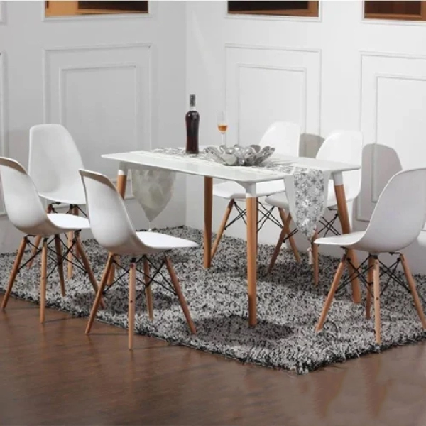 Bộ bàn ăn, cafe cho 6 người gồm bàn T108 0.8×1.2×0.75m và 6 ghế eames nhựa chân gỗ 207