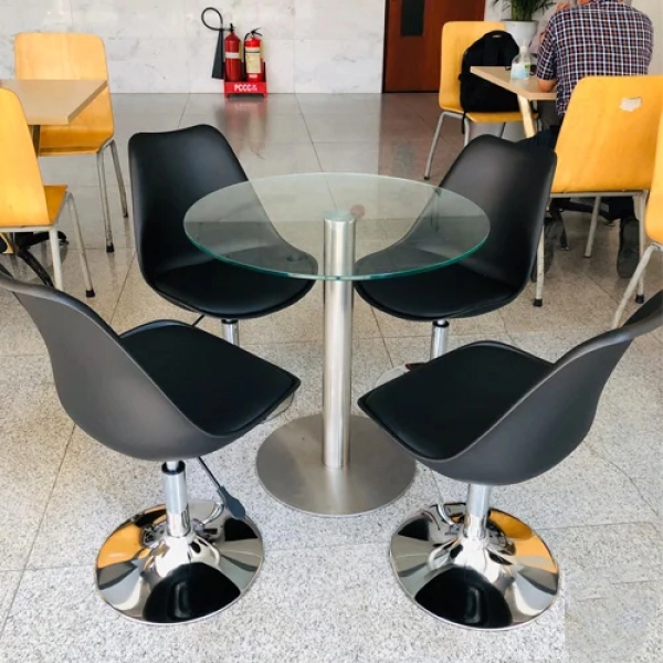 Bàn cafe tiếp khách mặt kính chân trụ inox – Mã : T114K