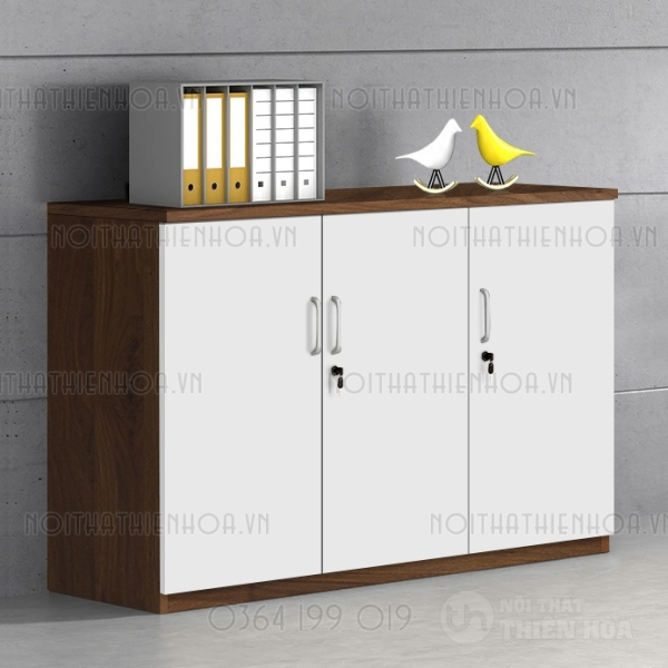 Tủ văn phòng thấp đựng tài liệu màu gỗ óc chó phối trắng