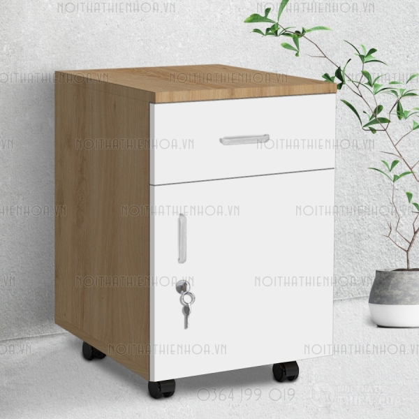 Hộc tủ nhỏ có bánh xe vân gỗ phối trắng tay vát