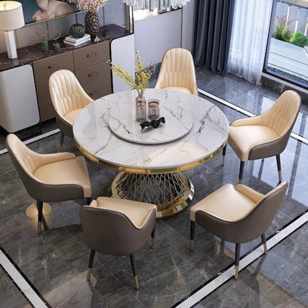 Bộ bàn ăn tròn xoay mặt đá 8 ghế sang trọng- Mã: T1113-15-8×284