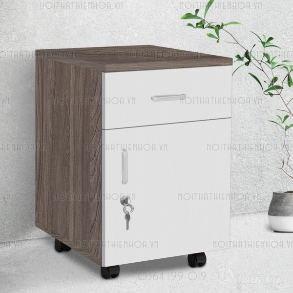 Hộc tủ nhỏ có bánh xe vân gỗ phối trắng tay vát