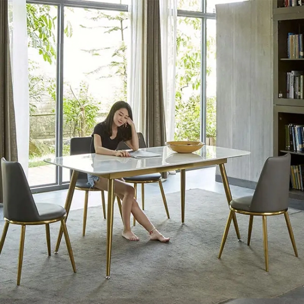 Bộ bàn ăn mặt đá 4 ghế bọc nệm da – Mã: T166-14-4x285G