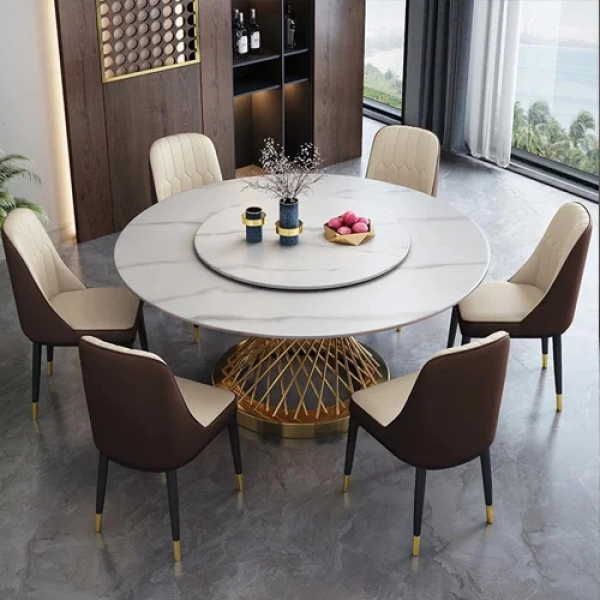 Bộ bàn ăn tròn 6 ghế mặt đá xoay- Mã: T1113-6x284E