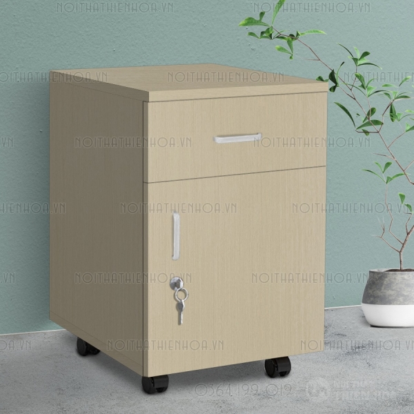 Hộc tủ nhỏ có bánh xe vân gỗ phối trắng tay vát