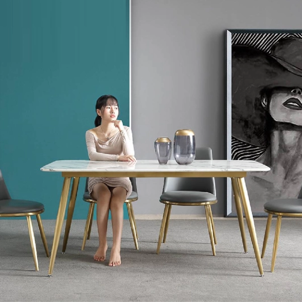 Bộ bàn ăn mặt đá 4 ghế bọc nệm da – Mã: T166-14-4x285G