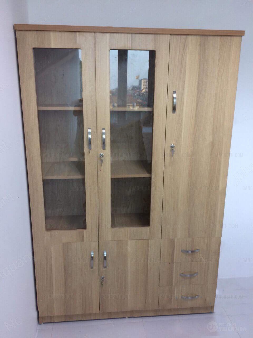 tủ tài liệu vân sồi 3 buồng thanh lý